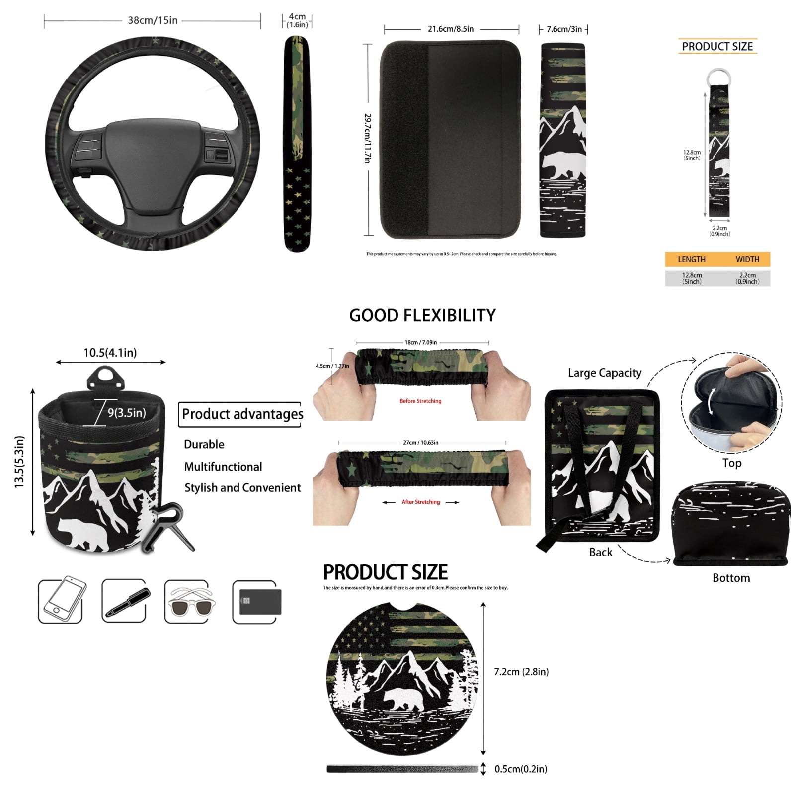 Jeiento American Flag Car Seat Cover Set of 15 Auto Front Back Seat Protector Steering Wheel Cover Seat Belt Pad Garbage Bag Air Vent Bag Mountain Rearview Mirror Cover Coasters Key Chain