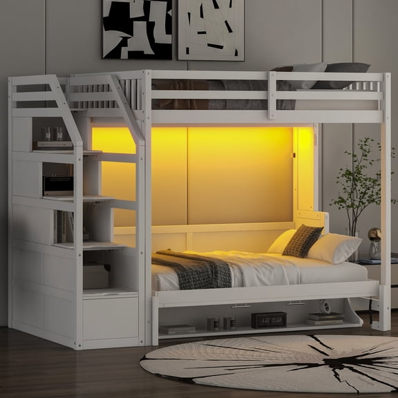 Euroco Wood Full XL Loft Bed with Storage Staircase, Full Murphy Bed with Desk and LED Light, Convertible Bunk Bed, White