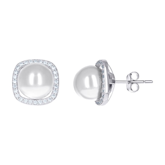 925 Sterling Silver Womens Cubic Zirconia Pearl Square Stud Earrings 10.6x10.7mm Wide Stud Earring for Women