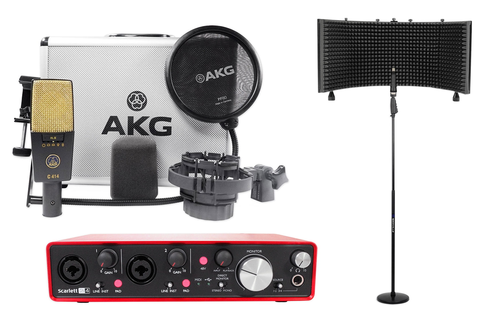 AKG C414 XLII Recording Microphone Mic+Focusrite Interface+Vocal  Shield+Stand