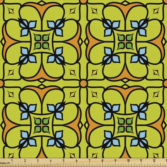 Mosaic Fabric by the Yard, Portuguese Azulejo Ceramic Style Traditional Ethnic Themed Repetition, Upholstery Fabric for Dining Chairs Home Decor Accents, Apple Green Marigold Blue by Ambesonne
