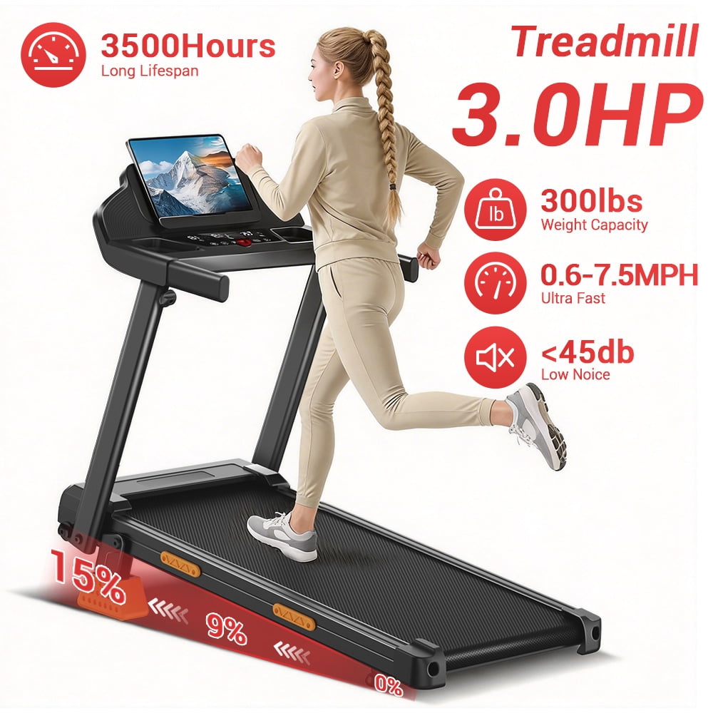 CURSOR FITNESS 4-in-1 15% Incline Folding Treadmill for Home, 3.0HP Quiet Motor with 7-Layer Shock Absorption, 300 lbs Capacity, 3 LED Displays with Handrails
