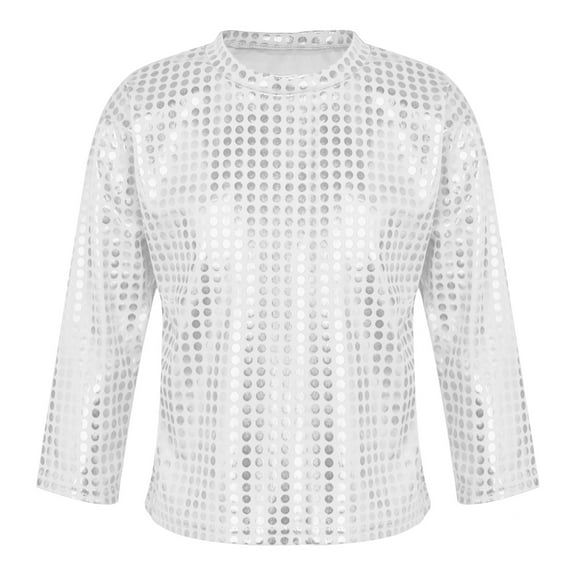 YONGHS Kids Girls Boys Shiny Sequins Dance Crop Tops T-Shirt Dancewer Jazz Hip-Hop Costume Silver 13-14
