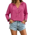 thumbnail image 6 of Women's V Neck Button Front Hoodie, Long Sleeve Drawstring Top, Casual Pullover Shirt for Spring Summer | CSEONE,Hot Pink XL, 6 of 9