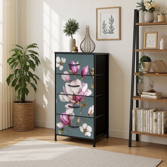 4 Drawer Vertical Storage Dresser Floral watercolor magnolia cherry blossom peonies with Wood Top Fabric Pull Drawers