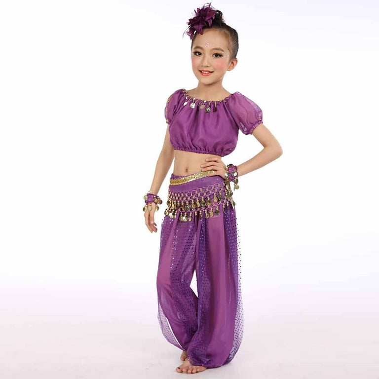 WOYY Big Girls Belly Dance Outfits Short Sleeve Crop Top and Pants