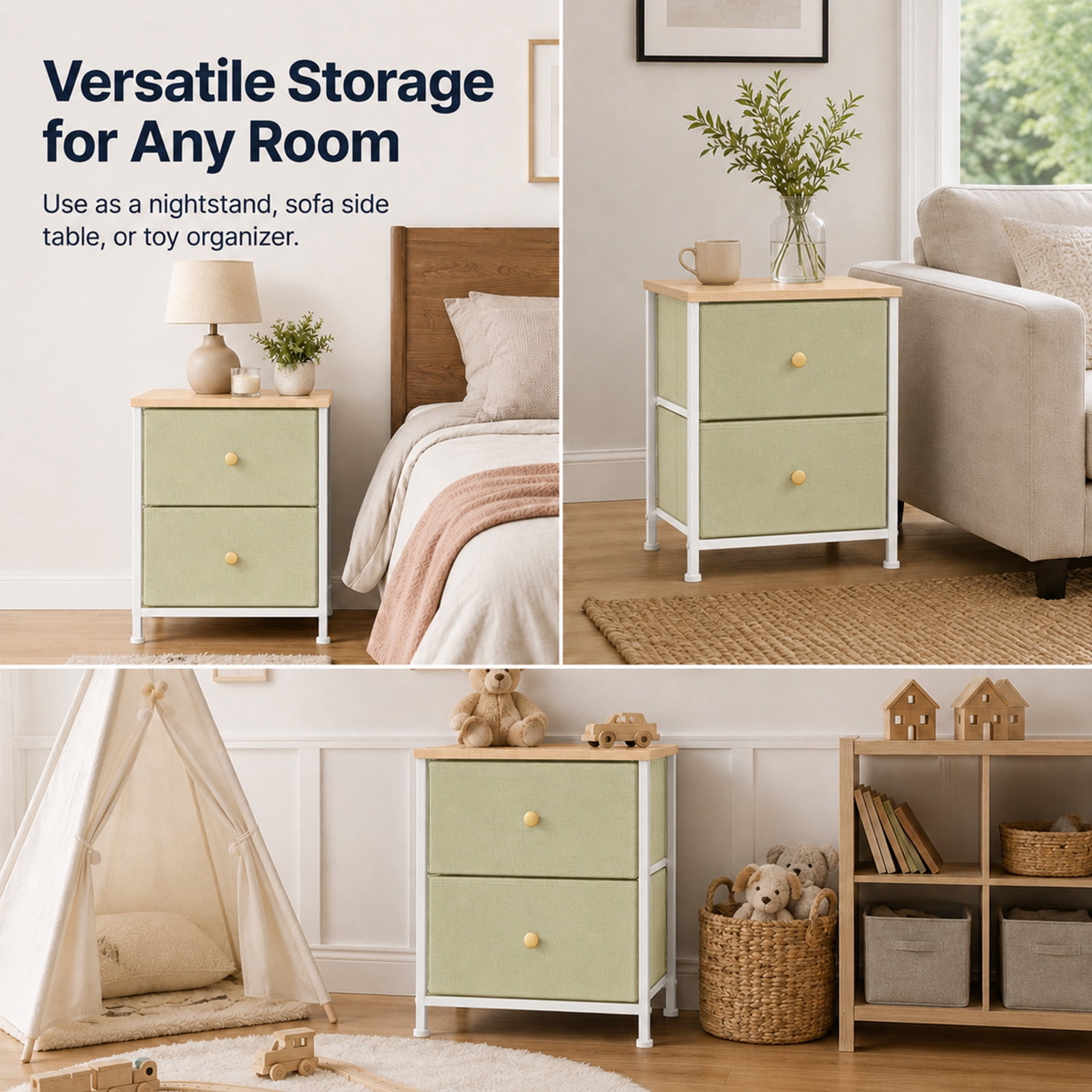Alvantor Nightstand with 2 Storage Drawers, Small Bedside Table, Small Dresser with Sturdy Wooden Top for Daily Essentials, Compact Nightstand for Bedroom and Small Spaces