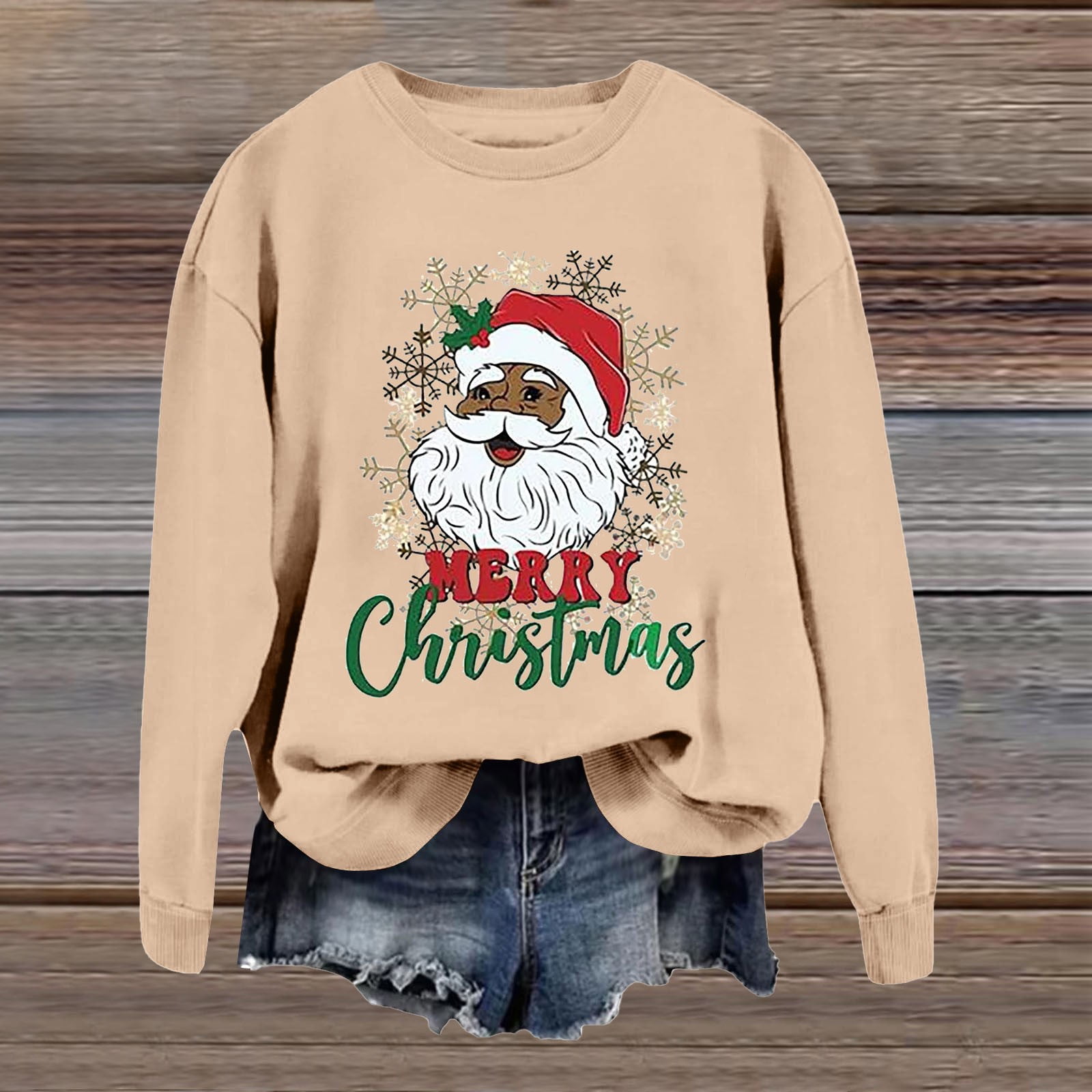 Women's Santa Long Sleeve Crewneck Hoodie Solid Color with