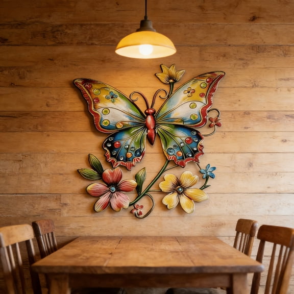 Metal Flower Butterfly Wall Decor Outdoor Indoor Wall Art Sculpture 13" Hanging Waterproof Garden Decorations Home Decorative Ornaments for Yard Fence Patio Balcony Bedroom Living Room Gift