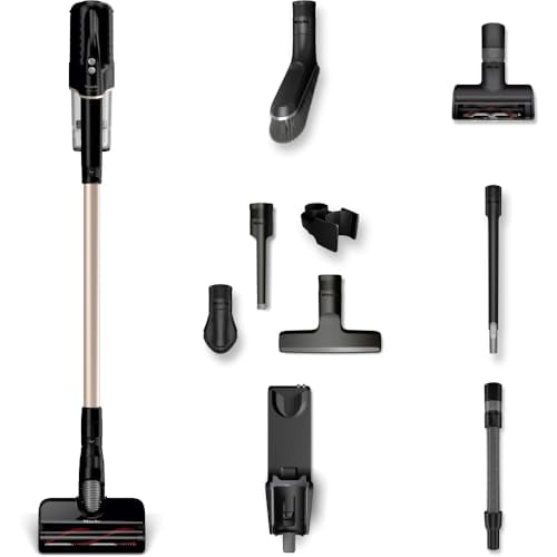 aspiradora vertical miele duoflex total care, inalámbrica y sin bolsa, multiusos, flexible para múltiples pisos, con 4 cepillos y accesorios acoplables, en negro obsidiana y oro rosa. Escoba frontal centrada con tubo color oro rosa, cuerpo superior negro con indicador LED, base de cepillo motorizado y depósito sin bolsa; cuatro accesorios visibles alineados: mini cepillo, boquilla para rendijas, cabezal para muebles y tubo flexible. También suele usarse para limpieza localizada en interiores de autos o áreas pequeñas.