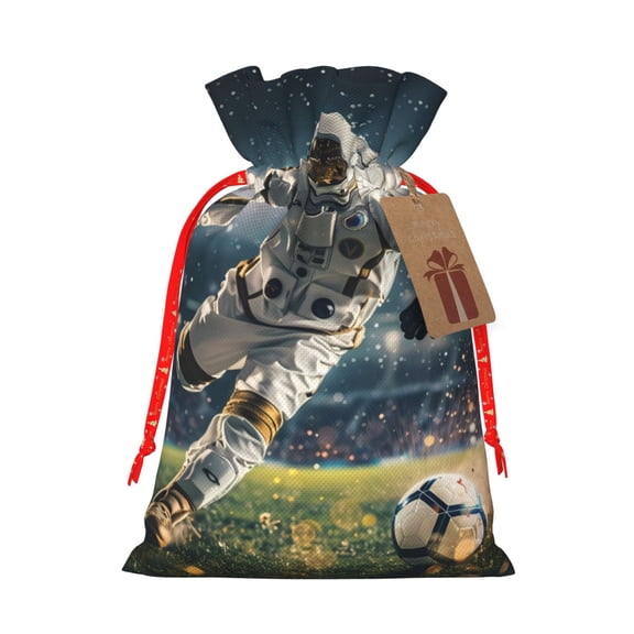 Fuzoiu Astronaut Soccer Field Print Christmas Gift Bag,Burlap Gift Bag with Drawstring Closure & Hang Tag,Perfect for Holidays, Birthdays, and Special Occasions-Small
