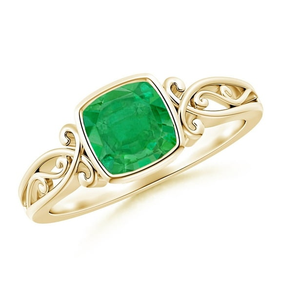 ANGARA Natural Vintage Style Cushion Emerald Solitaire Engagement Ring in 14K Yellow Gold for Women (Size-6mm) | May Birthstone, Birthday, Anniversary, Jewelry Gift for Women | Natural Emerald Ring
