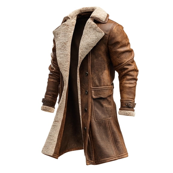 Sherpa Lined Leather Trench Coat Men Vintage Suede Long Jacket Trendy Western Cowboy Winter Coats