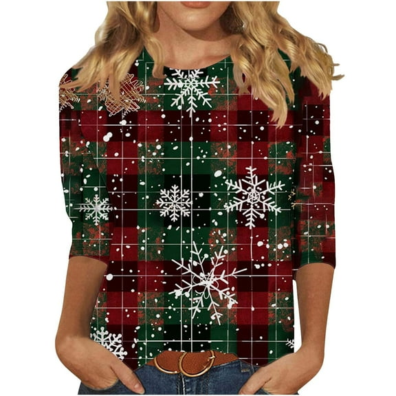Hueook Christmas Shirts for Women Thermal Shirts Fashion Women's Comfortable Round-Neck 3/4 Sleeve Print Casual T-shirt Blouse Green 2X