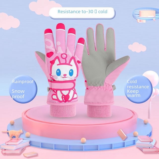 Guantes para niños, para esquiar, para niñas, de algodón, resistentes al viento, cálidos, antideslizantes, impermeables, bonitos