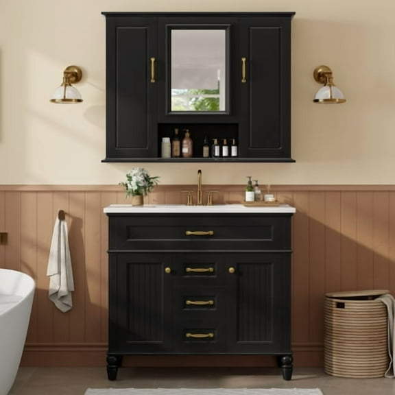 black 36" Bathroom set -Bathroom Vanity & Sink & Mirror Cabinet ,Freestanding Modern Vanity Cabinet with Soft-Close Drawers and Tip-Out Tray