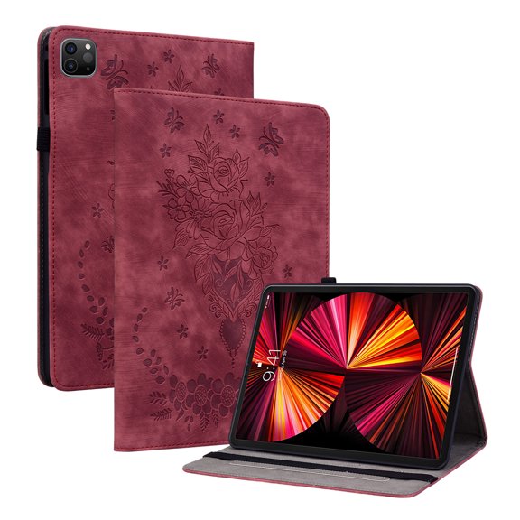 Allytechgroup Slim Fit & Shockproof iPad Air 11 Case 2024 - Versatile 11 Inch Cover with Drop Protection and Kickstand - Flip Case with Rose and Butterfly Embossment, Red