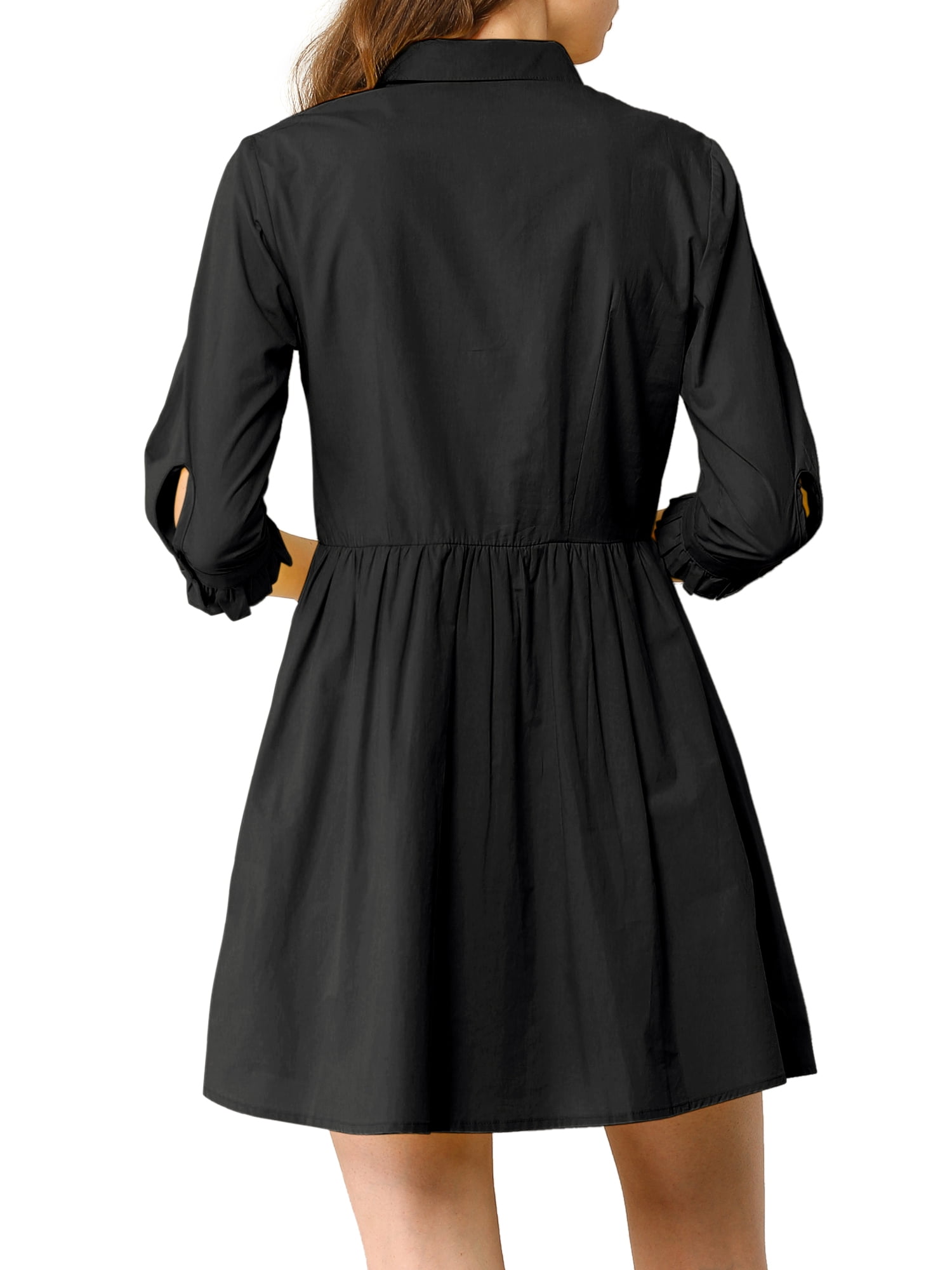DARING DIVA Elegant Collar Flare 3/4 Sleeve Button Mini Shirt Dress S Black