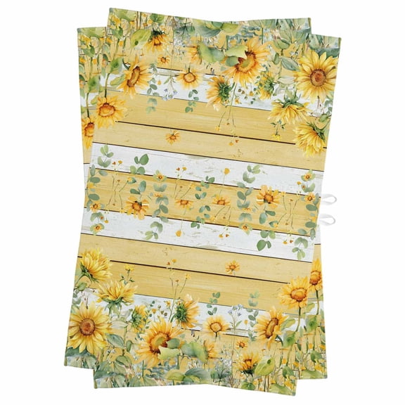 Sunflower Kitchen Towels Set of 2, Water Absorbent Dish Towel, Summer Eucalyptus Botanical Floral Yellow Wood Decorative Hand Towels - Quick Drying Cloth for Cooking Baking, 18x28 Inch