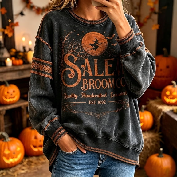Womens Halloween Vintage Long Slevee Sweatshirt Fall Witch Broom Print Loose Fit Crew Neck Washed Look Pullover