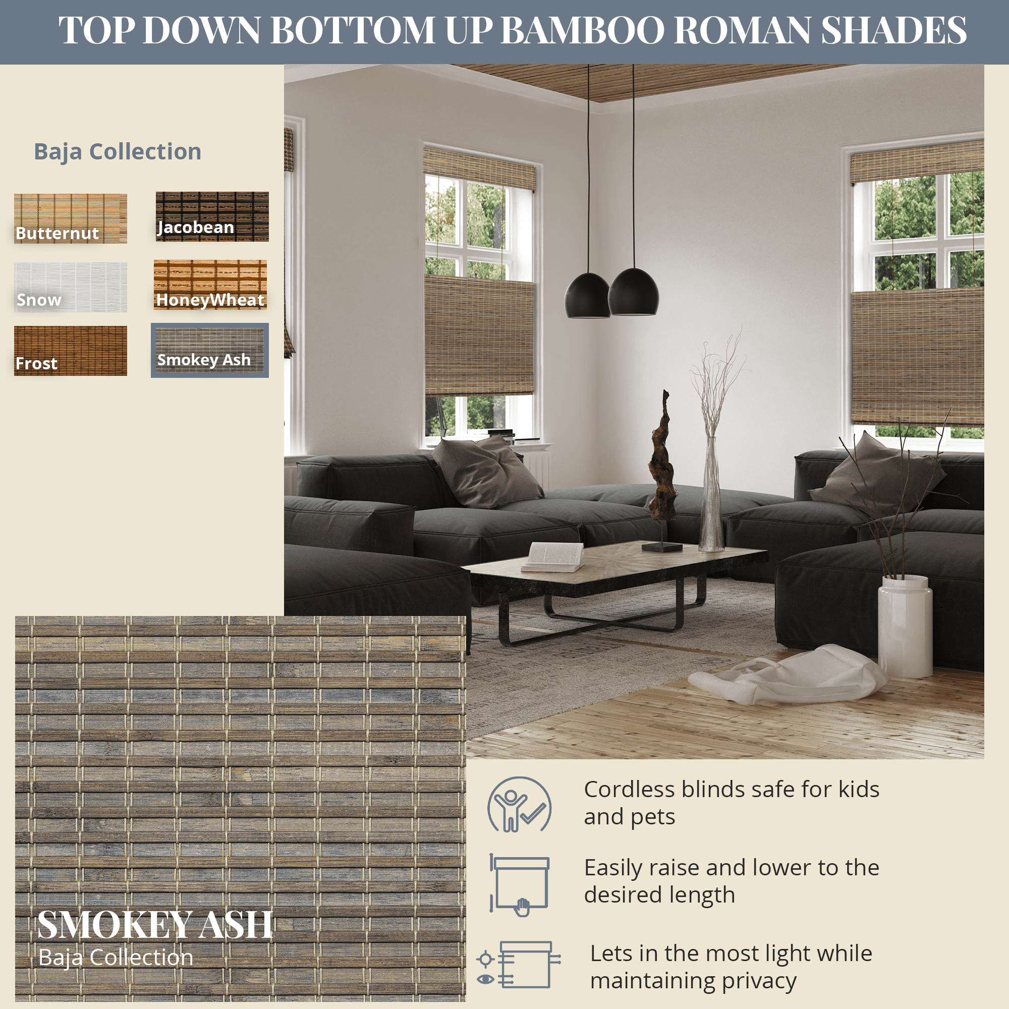 Natural Woven Top Down Bottom Up Cordless Bamboo Roman Shades for Windows, 63 in. W x 60 in. L, Smokey Ash