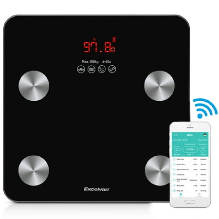 - Body Fat Scale, Excelvan Bluetooth Digital Weight Scale 400 lbs with BMI Body Fat Composition Analyzer, Large Display, Smart Bathroom Wireless Weight Scale Work with iOS and Android