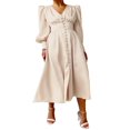 thumbnail image 1 of PENGXIANG Robe Maxi Formelle en Satin pour Femmes Manches Longues Bouffantes Col en V Profond Taille Empire Robe de Soirée Cocktail Rouge Vin TG, 1 of 8