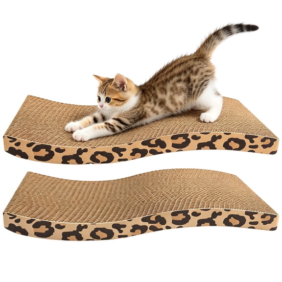 2 Pack Cat Scratcher Cardboard, Wavy Corrugated Cat Scratching Pad with Leopard Print Edge, Reversible Wave Cat Scratch Board Lounge Bed for Indoor Cats Kittens