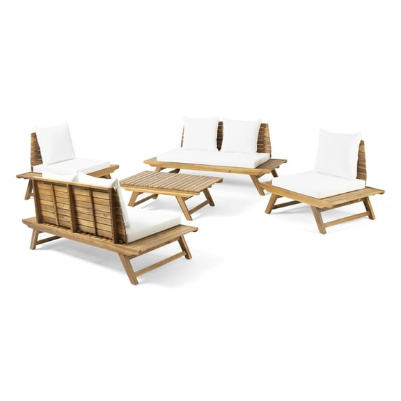 GDF Studio Bowie Outdoor Acacia Wood 6 Seater Chat Set with Cushions, Teak and White