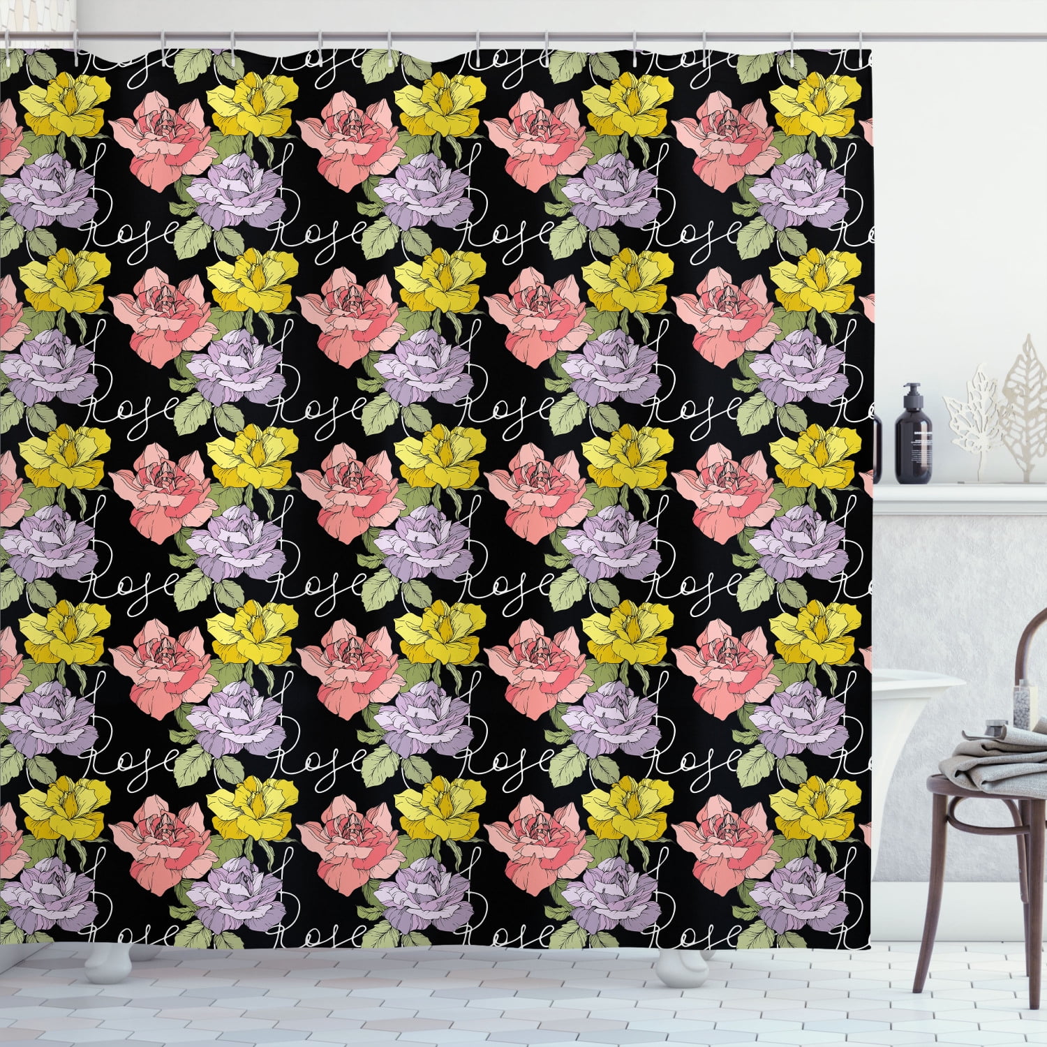 Purple and Yellow Shower Curtain, Engraved Ink Artwork of Floral Plants and Rose Writings