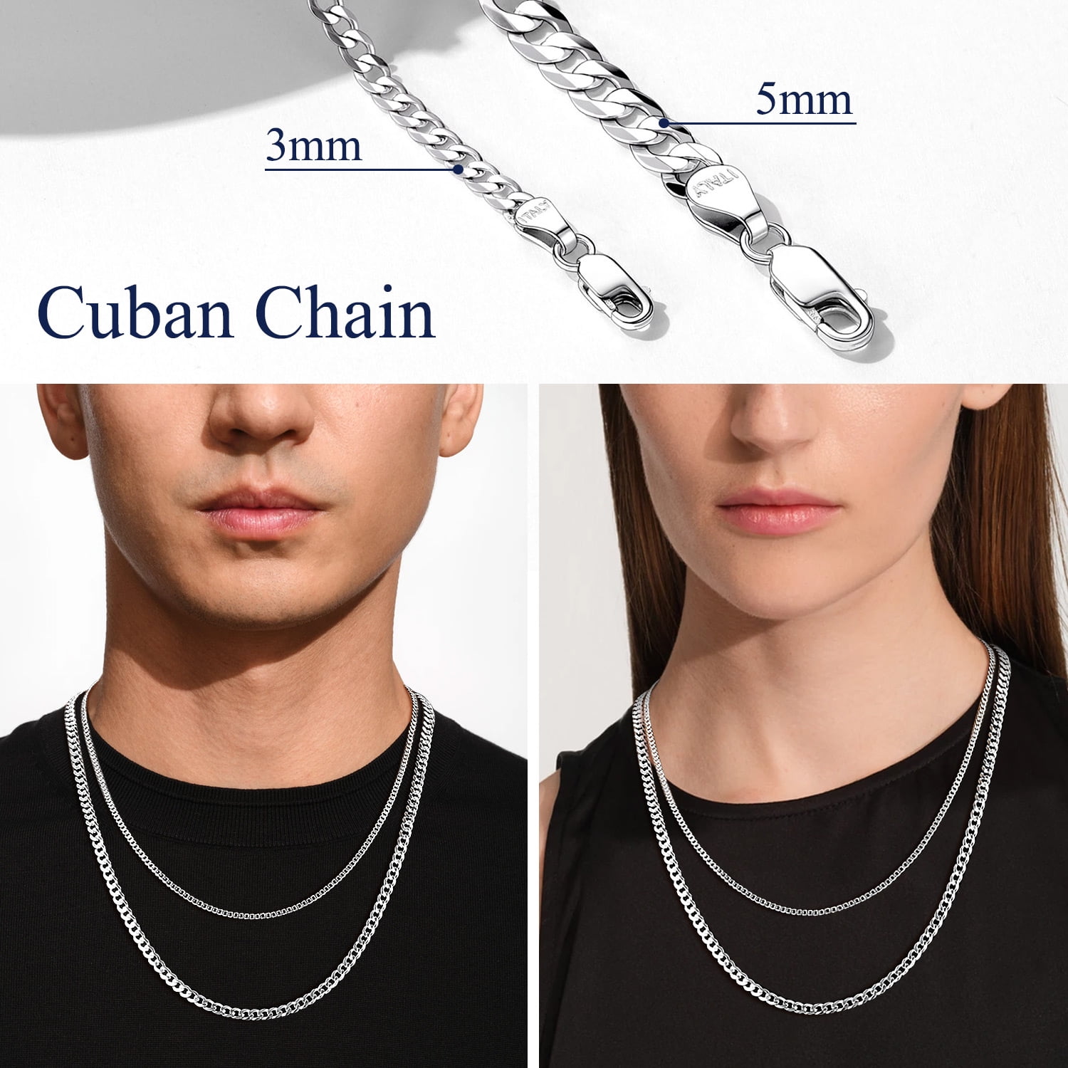 Suplight Solid 925 Sterling Silver Chain Necklace 3mm Flat Curb Cuban Link Chain Jewelry Gift for Men Women