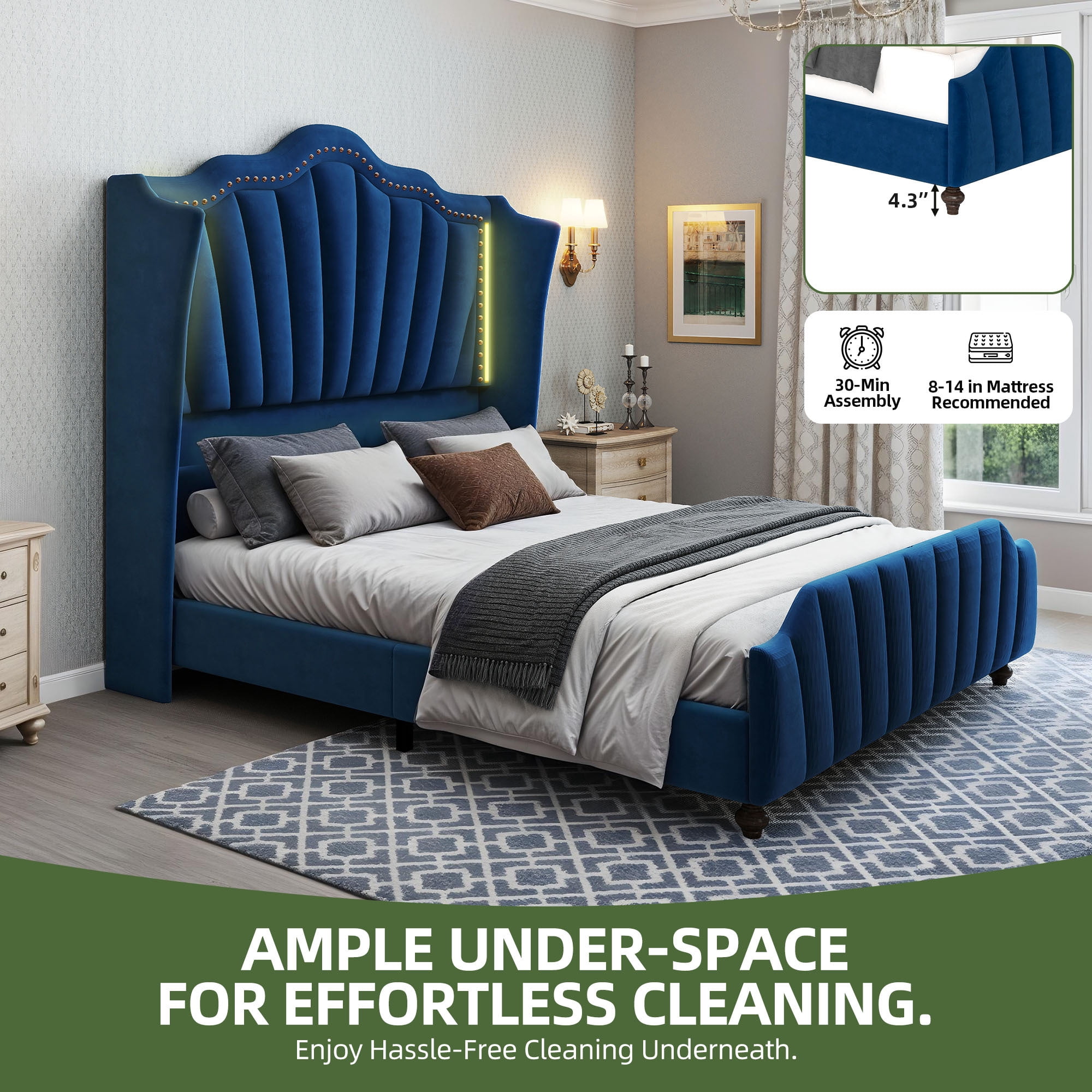 Uforic Upholstered Queen Size Platform Bed Frame with LED Lights & Tall Headboard & Footboard, Blue