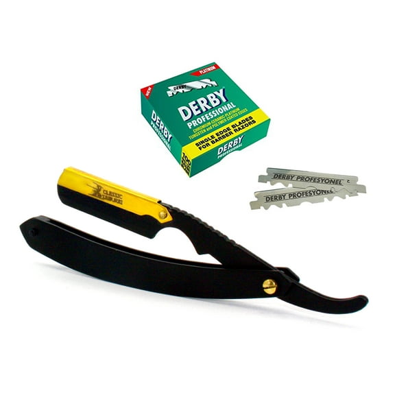 Classic Samurai CS-102 Matte Black Golden Head Stainless Steel Professional Barber Straight Edge Razor with 100 Derby Single Edge Razor Blades