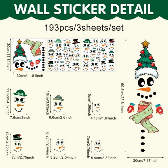 Uutvmp Snowman Face Stickers, 193pcs Christmas Ornaments Decals for Crafts, Reflective Vinyl Wall & Glass Decor, Reusable, Irregular Shape, Indoor Usage, Holiday Party Supplies,3 Sheets