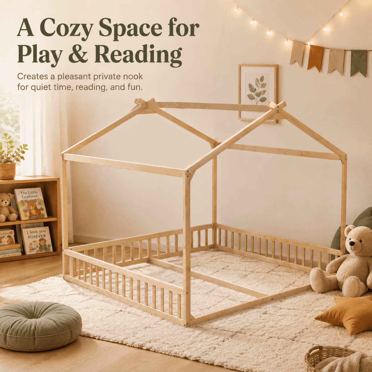 Miniyam Double Twin Floor Bed for Kids, House Bed with Guardrails and Open Entrance, Natural