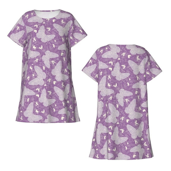 Horeoi Purple Butterflies Floral Print Women's Short-sleeved Nightdress Breathable Cotton-like Material Loose A-line Knee-length