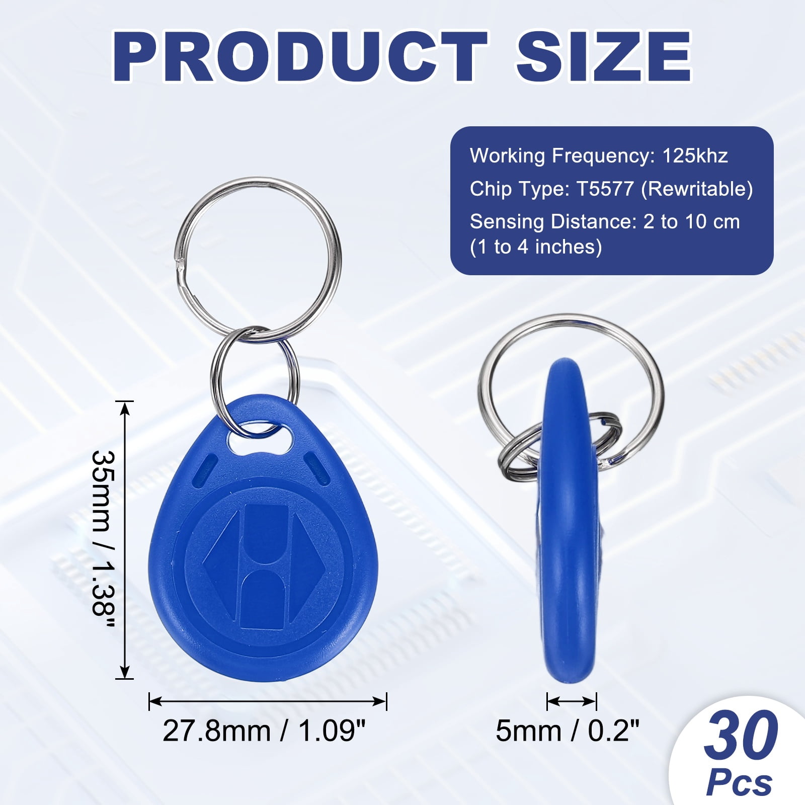 Uxcell 125kHz T5577 RFID Key Fob Tag, (Blue) (30pcs), Writable Rewritable Smart Key Fobs Tags Blank Clone IC Card Key Classic 1K, Suit for - Entry Access Control Systems