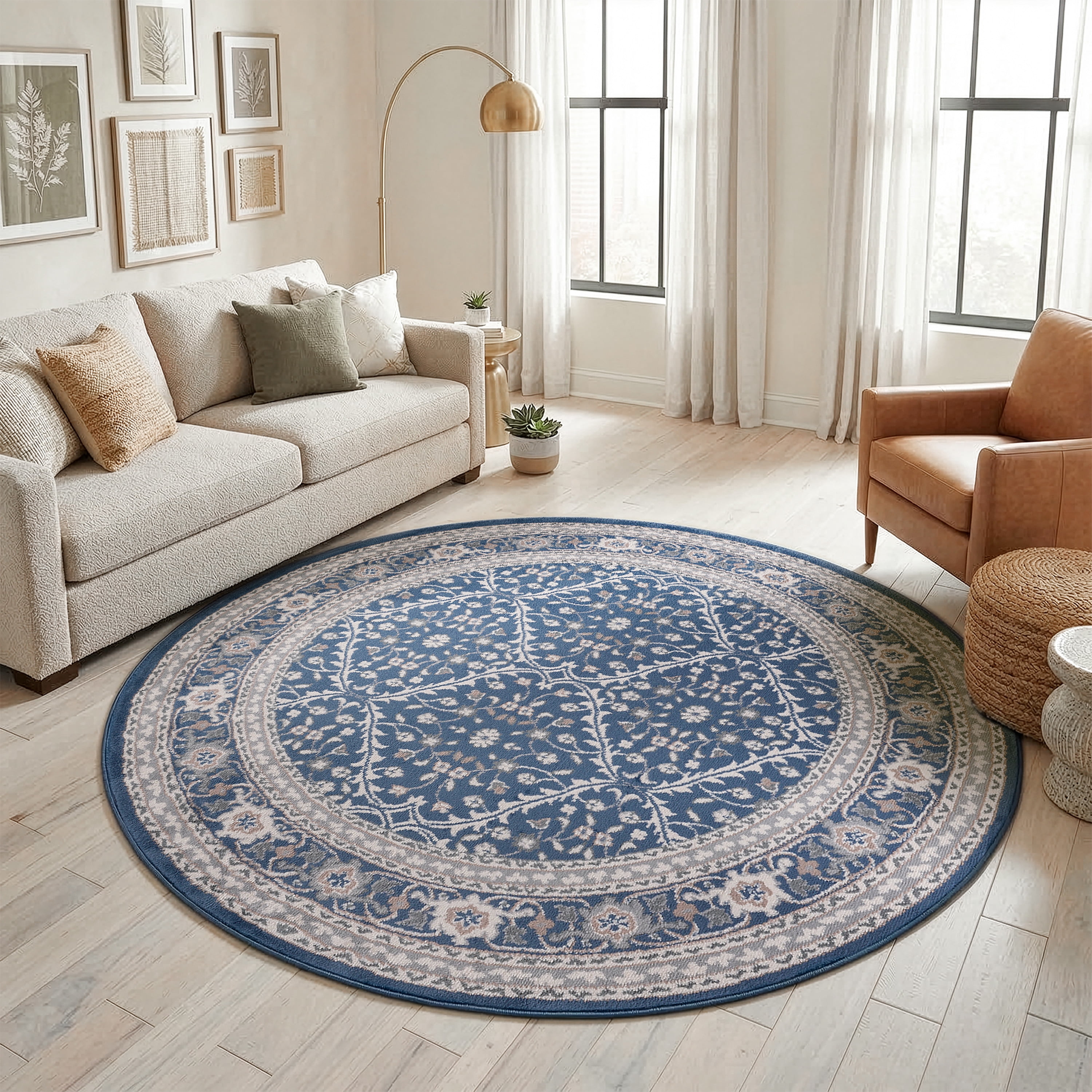 Madison Traditional 8' Round Navy and Cream Polypropylene Indoor Area Rug