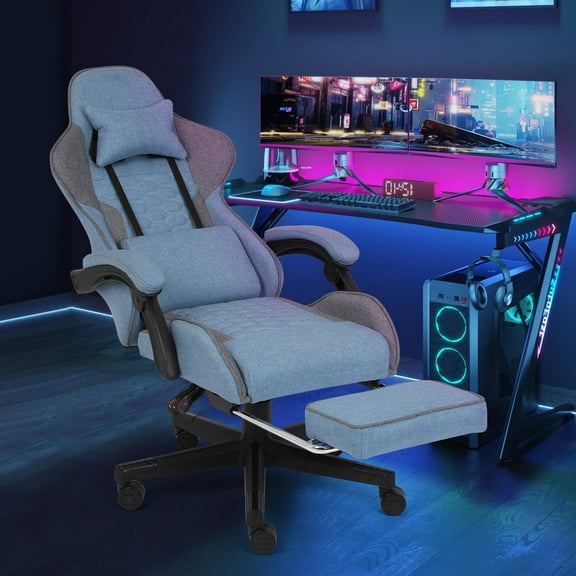 FAMOYI Gaming Chairs with Footrest, Fabric Adjustable Swivel Reclining with Headrest and Lumbar Support