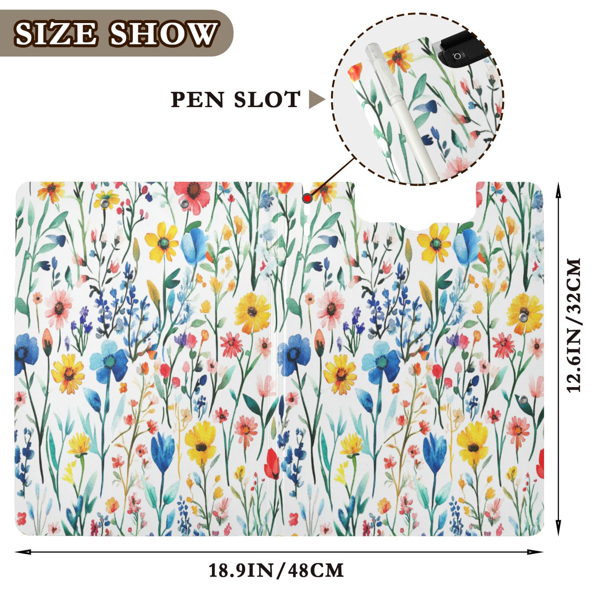 FORMRS A4 Clipboard Folder with Pen Holder Horizontal Foldable School Office Binder, Blue Wildflower Pattern