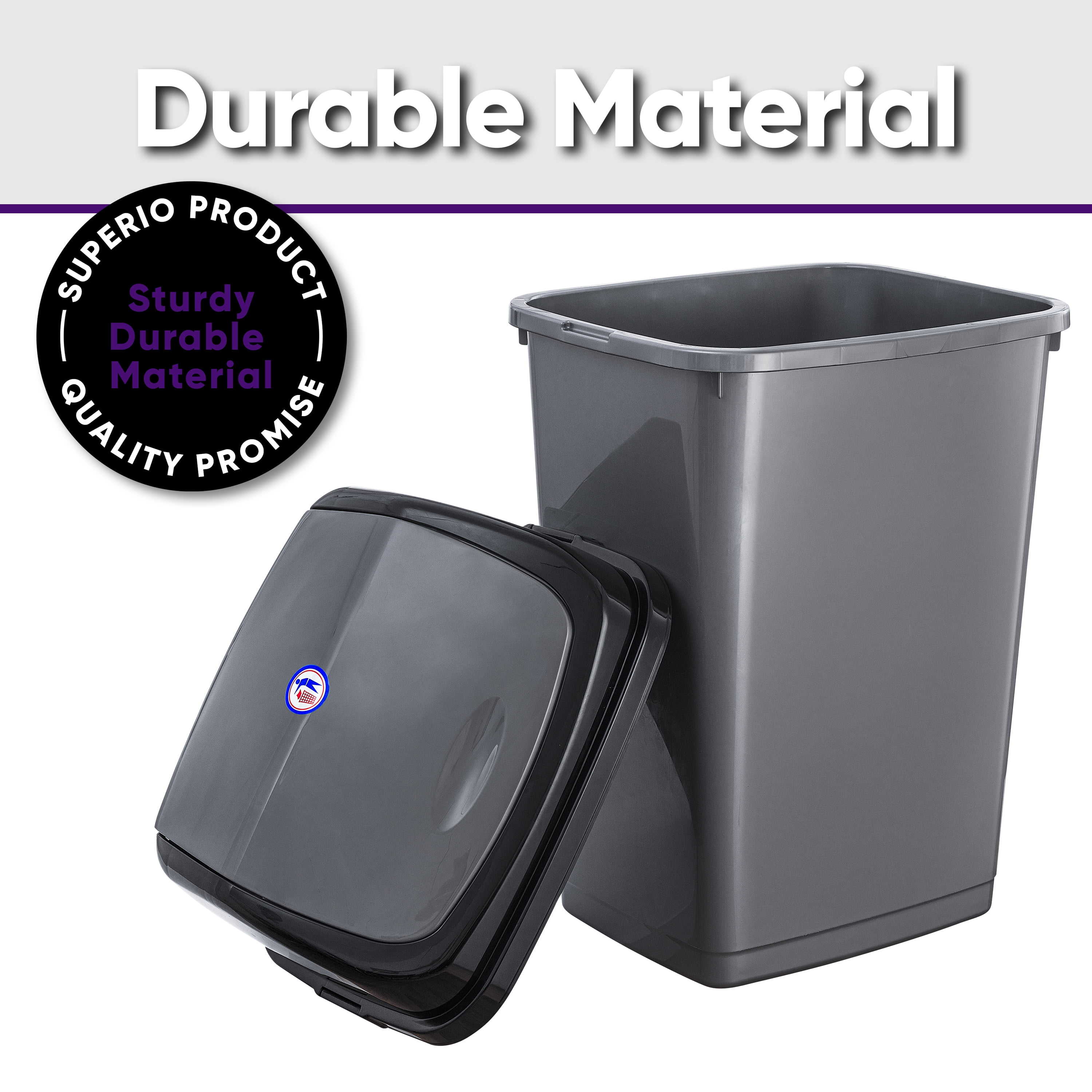 Superio Large Kitchen Trash Can 13 Gallon Grey Swing Top Trash Can with Lid, 52 Qt