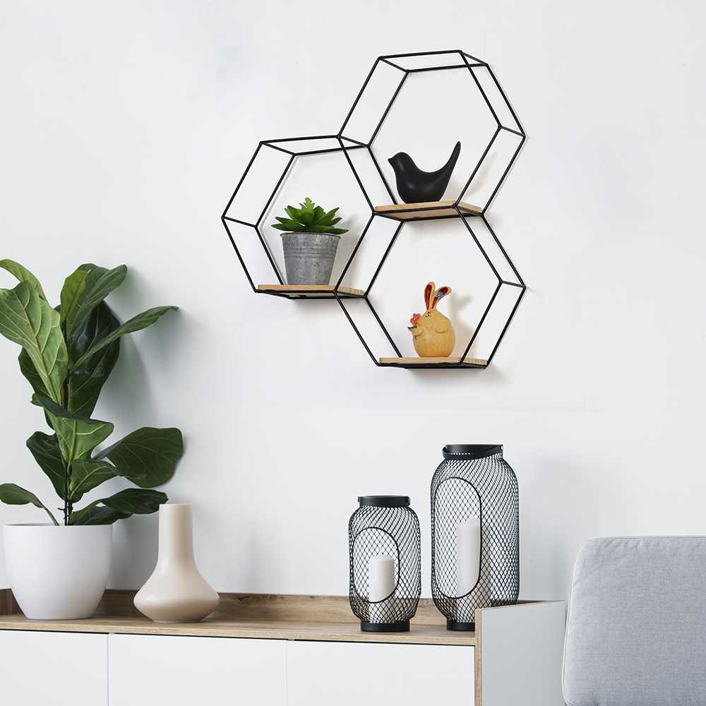 Haitral 3.7" x 12.5" x 16" Hexagon Metal Modern Floating Shelf, Black