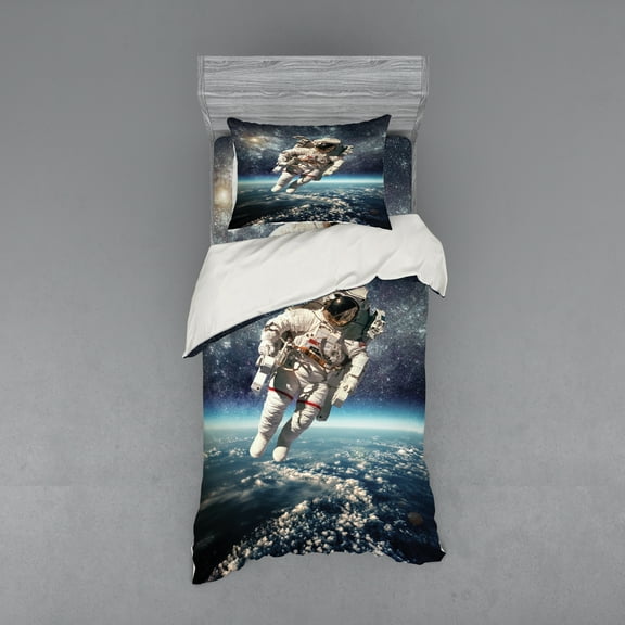Ambesonne Galaxy Bedding Set 3 Pcs, Astronaut Floats Outer Space, Twin XL, Grey Blue