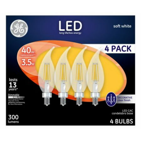 GE LED 3.5W Soft White, Decorative Clear Finish Small Base, Dimmable, 4pk Light (Best Light Bulbs For Dining Room Chandelier)
