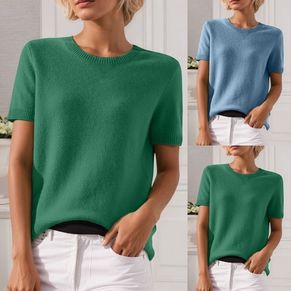 Oversized Sweaters for Women Solid Color Casual Crew Neck Knit Tops Loose Short Sleeve Sweater Blend Knitwear