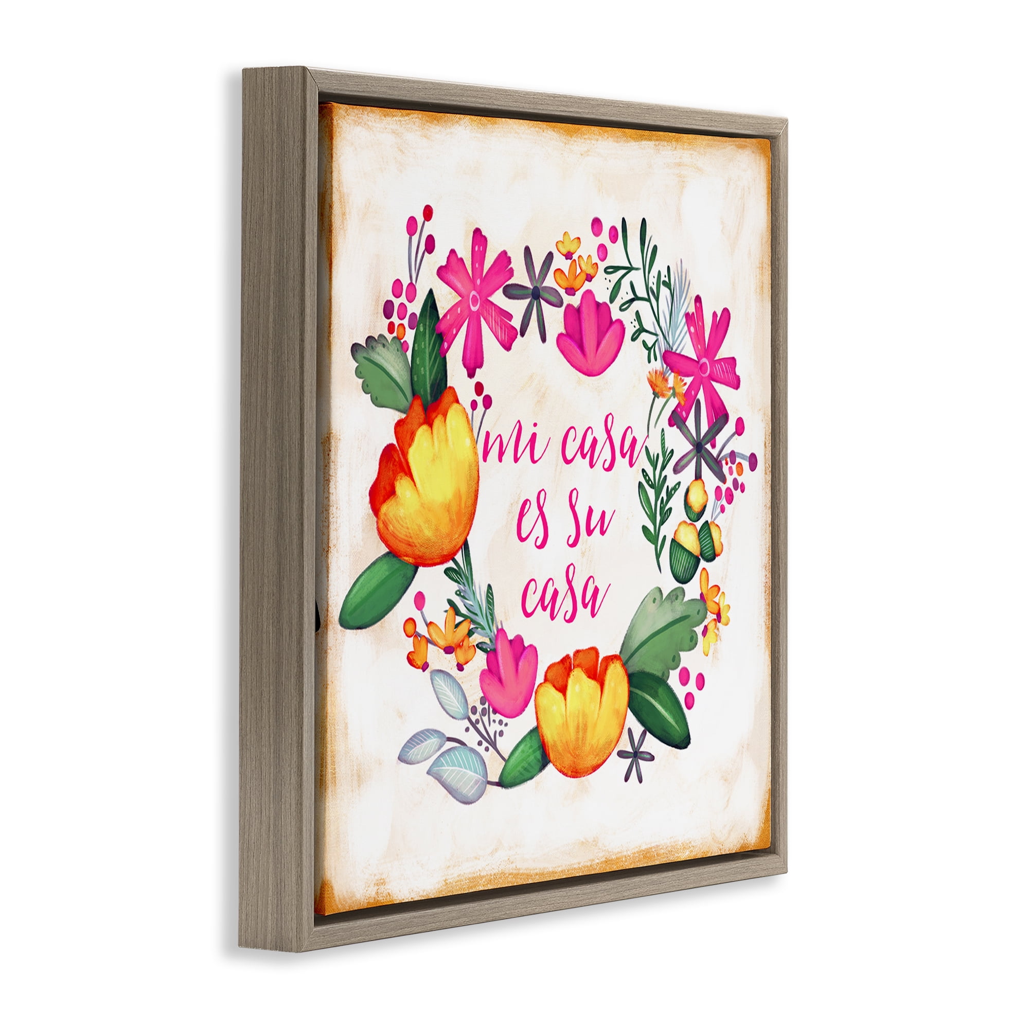 Stupell Industries Mi Casa Es Su Casa Floral Inspirational Quotes & Sayings Painting Brown Floater Framed Art Print Wall Art, 25 x 25