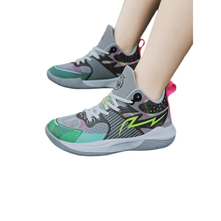 

Fangasis Boy Basketball Shoes Color Block Sneakers Lace-up Athletic Shoe Kids Fashion Sneaker Outdoor Anti-Collision Breathable Trainers Gray Green 3Y