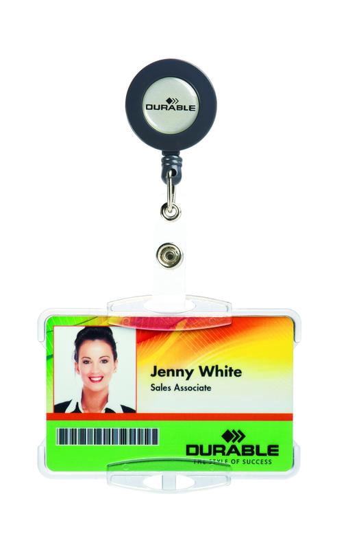 DURABLE Open Face style ID Badge Holder with Retractable Reel, Horizontal Or Vertical Orientation, 2-3/4" x 3-5/8", Clear, Pack of 10 (801119)