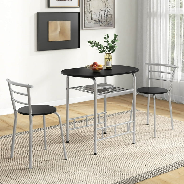 Costway 3 Piece Dining Set Table 2 Chairs Bistro Pub Home Kitchen Breakfast Furniture Black with Sliver Leg