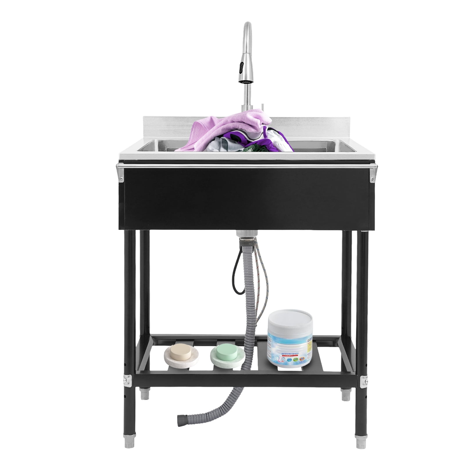 Black Stainless Steel 30.7x22x40.35 Inch Independent Kitchen Sink With Drain Rack Large-Capacity Sink With Pull Tap
